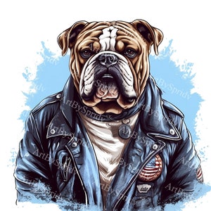 Cool Bulldog in Leather Jacket Transparent PNG – Stylish Dog Clipart for DIY Crafts, Posters, DTG T-Shirts, and Digital Clip Art Projects