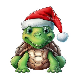 Clipart kerstschildpad | Schattige schildpad met kerstmuts, png PNGEgg | Digitale kunst met dieren | Feestelijke cartoon schildpadillustratie | Transparant