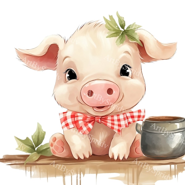 Cochon de ferme mignon avec chapeau de Père Noël de Noël Transparent PNG Clipart, Kid/Adult Cartoon Design, Sublimation imprimable, Utilisation commerciale, Animal Clip Art