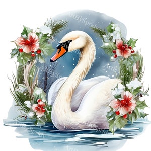 Élégant cygne de Noël clipart - cygne festif avec houx et fleurs PNG pour créations artisanales de vacances, cartes, affiches, conceptions numériques pour t-shirt DTG