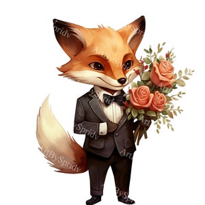 Elegant Dapper Fox with Flower Bouquet Transparent PNG Clipart, Sophisticated Animal Illustration for Tee,Mug Sublimation,Stickers,DIY Craft