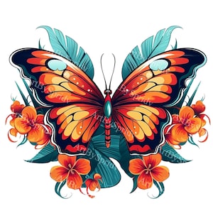 Butterfly with Orange Flowers & Tropical Leaves PNG Clipart, Digital Floral Design, Instant Download Clip Art for T-Shirt, Mug, DIY Craft
