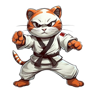 Karate Cat Clipart, Martial Arts Cat in Gi with Black Belt, Transparent Clip Art for DIY Crafts & Digital Designs, DTG T-Shirt,Mug,DIY Craft