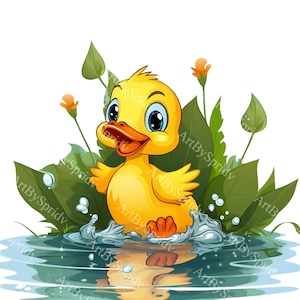Cute Duckling Splash In Pond PNG, Transparent Farm Animal Clipart, Kids Cartoon Design, Printable Sublimation, Baby Shower Duck Clip Art
