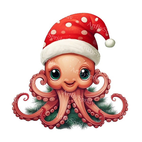 Christmas Octopus Clipart, Festive Holiday PNG, Cute Santa Hat Cephalopod, Transparent Background, Digital Download, Commercial, Ocean Xmas