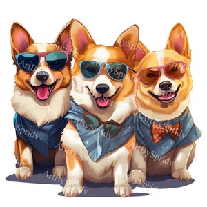 Cool Corgi Crew Clipart PNG | Adorable Corgis in Sunglasses and Bandanas | High-Quality Dog Illustration for Stickers, Apparel, DIY Crafts