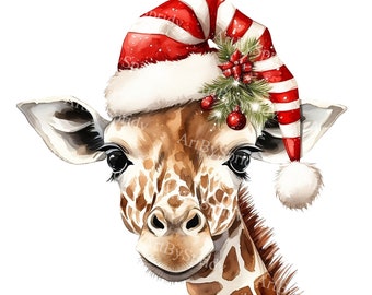 Weihnachten Giraffe mit Weihnachtsmütze transparent PNG Clipart, Kinder/Erwachsene Cartoon Design, druckbare Sublimation, kommerzielle, magische Tier Clip Art