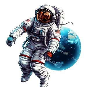 Lindo astronauta flotando en el espacio y la Tierra, clipart PNG transparente, diseño de dibujos animados para niños geniales, sublimación imprimible, comercial, clip art mágico