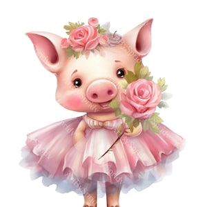 Lindo cerdo con tutú y ramo de flores PNG Clipart, impresión transparente para amantes de los animales de granja, diseño de clip art para niños, sublimación imprimible DIY