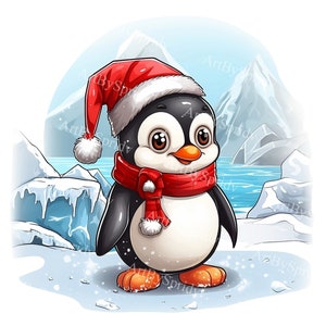Adorable Christmas Penguin Clipart – Transparent PNG with Santa Hat & Scarf for Holiday Cards, T-Shirt Sublimation, Stickers, DIY Crafts