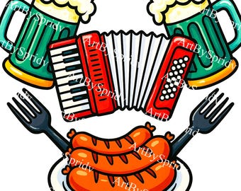 Oktoberfest PNG Clipart, Beer Mugs Bratwurst and Accordion, Transparent German Bavarian Festival Sticker Sublimation for T-Shirt Crafts DIY