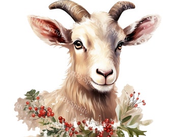 Festliche Weihnachten Ziege Clipart PNG, Urlaub auf dem Bauernhof mit Holly Wreath, niedlichen digitalen Download, rustikale Weihnachten Wohnkultur, T-Shirt, DIY Handwerk