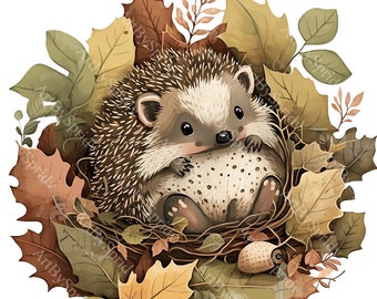 Clipart hérisson d'automne : adorable bébé hérisson blotti dans des feuilles, PNG transparent de haute qualité, parfait pour les travaux manuels et la décoration d'automne