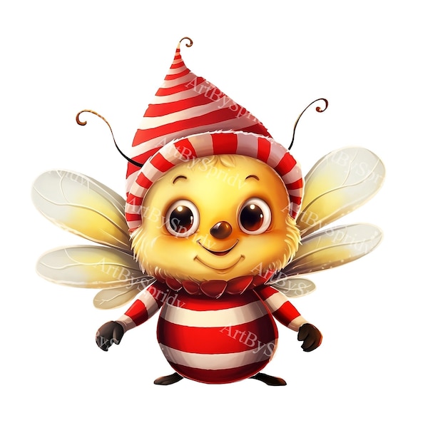 Cute Christmas Bee With Santa Hat Transparent PNG Clipart,Kids/Adult Cartoon Design,Printable Sublimation,Commercial,Magical Animal Clip Art