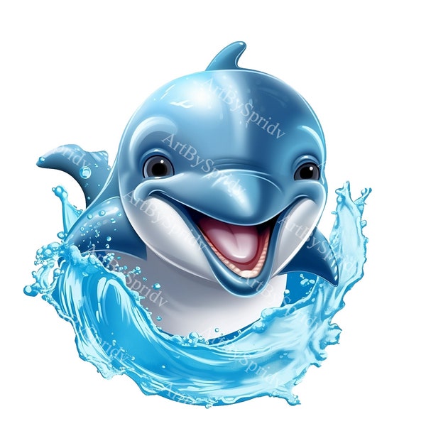 Süßer Delfin Big Smile&Water Splash PNG Clipart, transparenter Tierliebhaber Druck, Clip Art Design, DIY druckbare Geburtstag Sublimation Tshirt, Becher