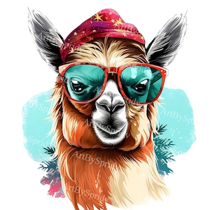 Funky Lama mit Sonnenbrille Clipart - Wunderliches Tier PNG, festliche Alpaka Grafik, coole Illustration für T-Shirts & Kunsthandwerk, digitaler Download