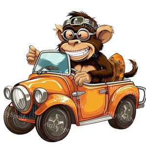 Funny Monkey Driving Car Clipart Transparent PNG | Cartoon Animal Illustration, Safari Adventure Art,Kids Printable Graphic,Digital Download