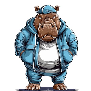 Cool Hip-Hop Hippopotamus in Blue Tracksuit PNG Clipart, Urban Animal Illustration for Streetwear, Digital Clip for T-Shirts,Mug,Sticker,DIY