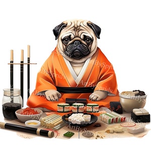 Pug in Kimono Eating Sushi PNG Clipart, Cute Dog Illustration for T-Shirt Scrapbooking, DIY Crafts, Stickers, Kawaii Animal Clip Art