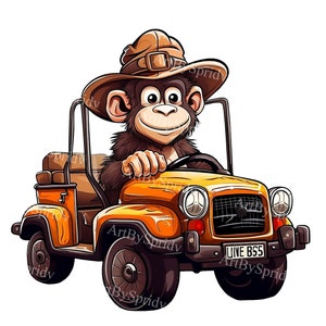 Lustiger Affe fahrenden Auto Clipart transparent PNG | Cartoon Safari Tier Kunst | Jungle Adventure Illustration, T-Shirt für Kinder und Erwachsene