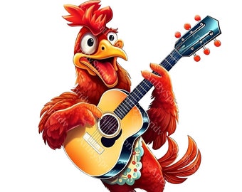 Rooster With Guitar Singing Digital Clipart | PNG for Printable DTG T-Shirt, Mug, Tumbler, Scrapbooking,Sublimation | Unique Clip Art Design