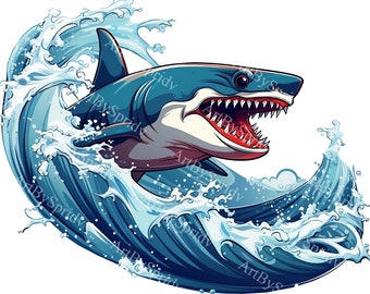 Clipart requin - océan vague requin numérique PNG | Téléchargement de conception de sublimation | Images clipart requin imprimables pour t-shirts, créations artisanales et décoration d'intérieur