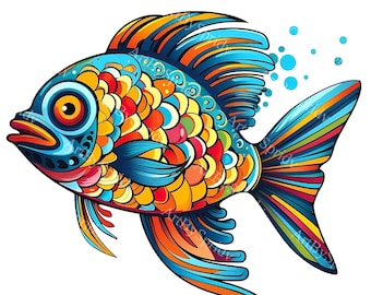 Funky Fish Clipart PNG, Bright & Unique Fish Illustration, Transparent Digital Clip Art for Tee, Mug, Tumbler, Stickers,Home Decor,DIY Craft
