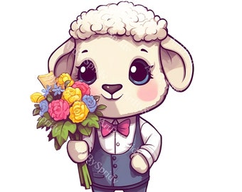 Sheep with Bouquet PNG Clipart, Cute Lamb Illustration in Bowtie, Nursery Home Decor, Invitations, Baby Shower, Printable Invitation,T-Shirt