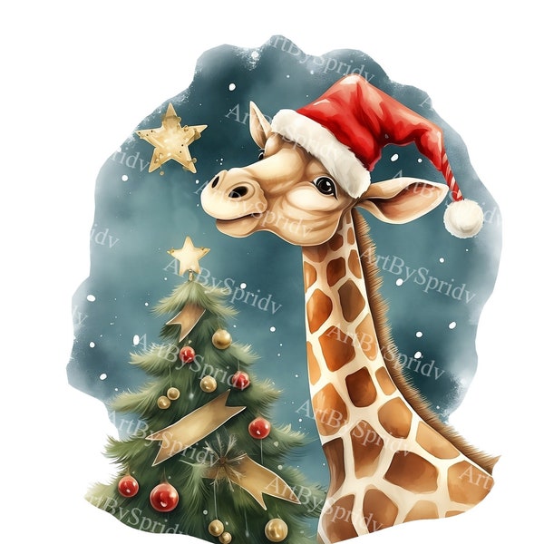 Christmas Giraffe With Santa Hat Transparent PNG Clipart,Kids/Adult Cartoon Design, Printable Sublimation,Commercial,Magical Animal Clip Art