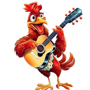 Rockstar Rooster Playing Guitar PNG, Transparent Clipart for Music-Themed DIY Crafts, Farmhouse Decor, DTG T-Shirt, Mug Sublimation Clip Art