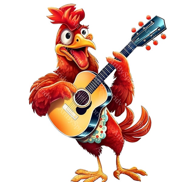 Rooster With Guitar Singing Digital Clipart | PNG for Printable DTG T-Shirt, Mug, Tumbler, Scrapbooking,Sublimation | Unique Clip Art Design