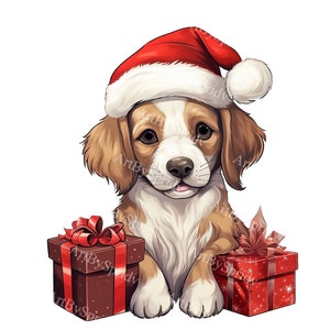 Adorable Christmas Dog Clipart – Cute Puppy in Santa Hat with Gift Boxes PNG for Holiday DIY Crafts, Cards, Posters, DTG Digital Designs