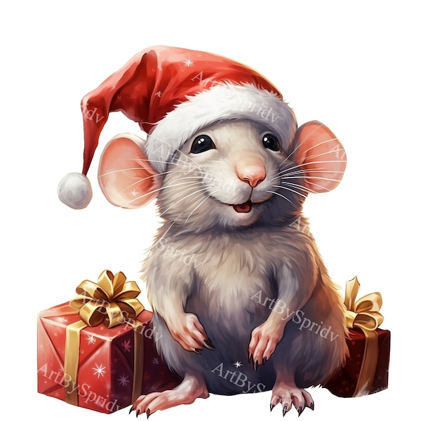 Cute Rat With Christmas Santa Hat Transparent PNG Clipart, Kid/Adult Cartoon Design, Printable Sublimation,Commercial Use, Animal Clip Art