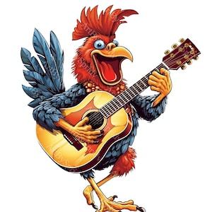 Coq avec une guitare chantant des cliparts PNG, impression Transparente pour amoureux des animaux de la ferme, conception de clip art enfants, tshirt imprimable bricolage par sublimation, tasse