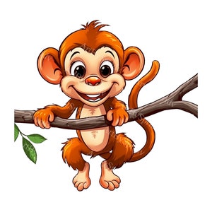 Speelse babyaap hangend aan tak PNG-clipart, schattige dieren jungle-thema digitale illustraties voor kinderen, kinderdagverblijf, DTG-T-shirt, doe-het-zelf ambachten, decor