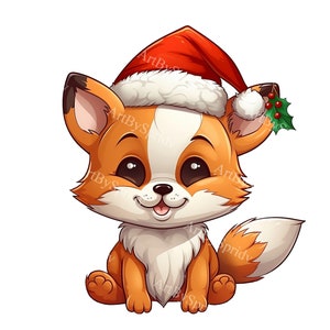 Renard mignon avec bonnet de Noel Noël Clipart PNG Transparent, conception de dessin animé pour enfants/adultes, sublimation imprimable, usage commercial, clipart animaux