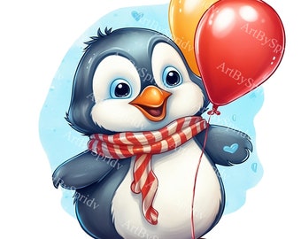 May include: A cartoon penguin wearing a red and white striped scarf holds a red balloon and a yellow balloon. The penguin is smiling and has blue eyes.