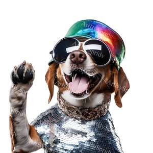 Disco Dog Clipart PNG, Funky Dog in Sunglasses & Sequin Outfit, Fun Retro Dog Illustration for Stickers, Apparel, Party Decor, DIY Craft,Tee