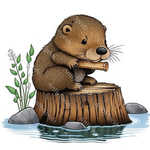 Baby Beaver With Log/Dam PNG Clipart, Transparent Animal Print Kids Clip Art, Cute Cartoon Design, DIY Printable Sublimation T-Shirt, Mug
