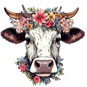 Beautiful Cow with Flower Crown Clipart | Rustic Boho Farm Animal PNG | Transparent Digital Download for DIY Crafts,Tee Sublimation,Wall Art