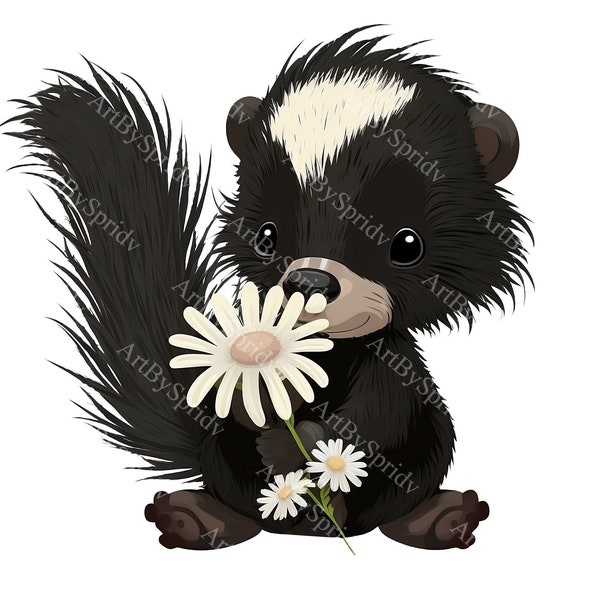 Cute Baby Skunk With Flower PNG Clipart,Transparent Forest Animal Lover Print Kids Clip Art Design,DIY Printable Sublimation T-Shirt, Mug