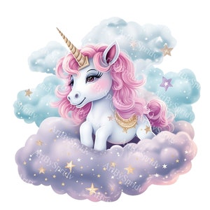 Unicornio rosa mágico PNG Clipart, lindo unicornio bebé en nubes esponjosas con estrellas, ilustración pastel de ensueño para decoración infantil, arte infantil, bricolaje