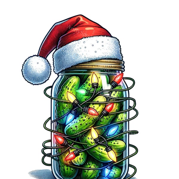 Christmas Pickles Clipart - Glass Jar with Green Pickles & Colorful Lights - PNG for DTG, T-Shirts, Mugs, Tumblers, Scrapbooking - Digital
