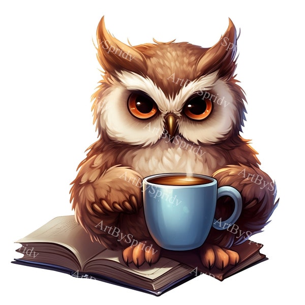 Owl With Coffee Cup & Book Transparent PNG Animal Clipart, Kids Cartoon Design,Printable Sublimation,Commercial,Baby Shower Cute Clip Art