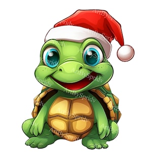 Tortue de Noël mignonne avec bonnet de Noel Clipart PNG Transparent, conception de dessin animé enfants/adultes, sublimation imprimable, commercial, clipart animaux