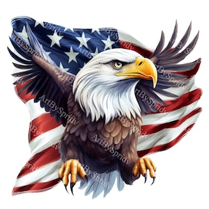 Aquila calva patriottica americana con clipart bandiera USA, PNG trasparente, perfetta per il 4 luglio, Giorno dell'Indipendenza, Decorazioni del Giorno dei Veterani