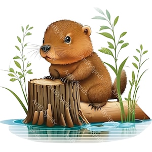 Adorable castor en un tocón de árbol, clipart PNG transparente, ilustración de animales del bosque, clip art de naturaleza rústica para manualidades y proyectos para niños