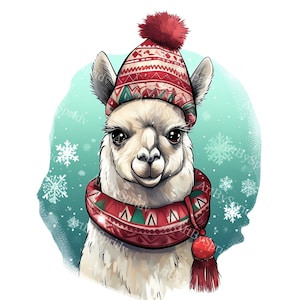 Festive Christmas Llama Clipart – High-Resolution Transparent PNG with Winter Hat, Scarf for Holiday Stickers,Cards,DIY Crafts,DTG T-Shirt