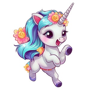 Einhorn mit Blumenkrone PNG Clipart, niedliches Cartoon Einhorn Tanzen & Tanzen, digitale Kinderzimmer-Babyparty-Dekor, Sublimation, DIY Handwerk