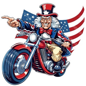 USA Patriotic Uncle Sam On Motorcycle PNG Transparent Clipart Design,Printable Sublimation,Digital Download,United States Flag Clip Art